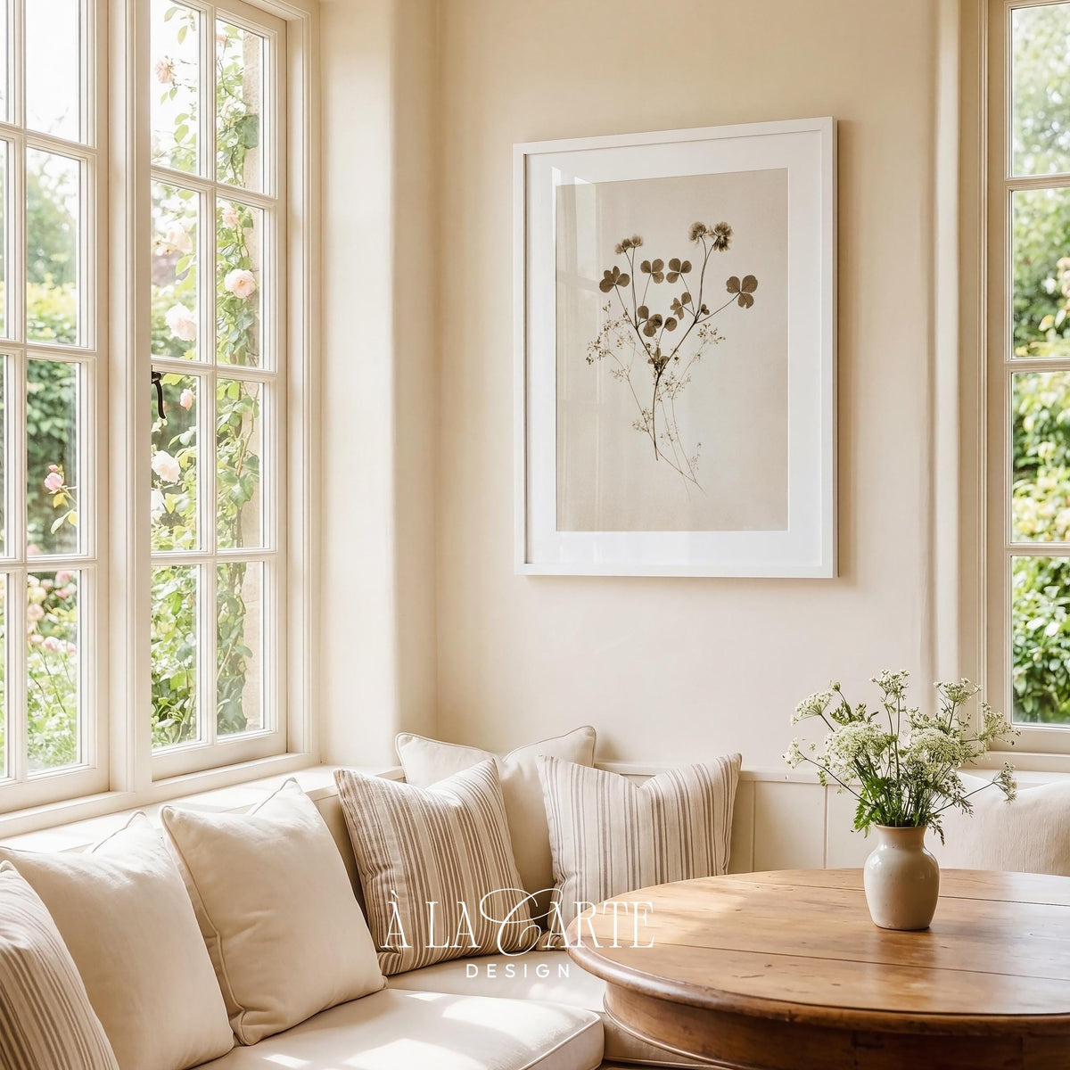 Soft vintage botanical artwork for study — pressed-flower composition with fine sprigs and cream backdrop