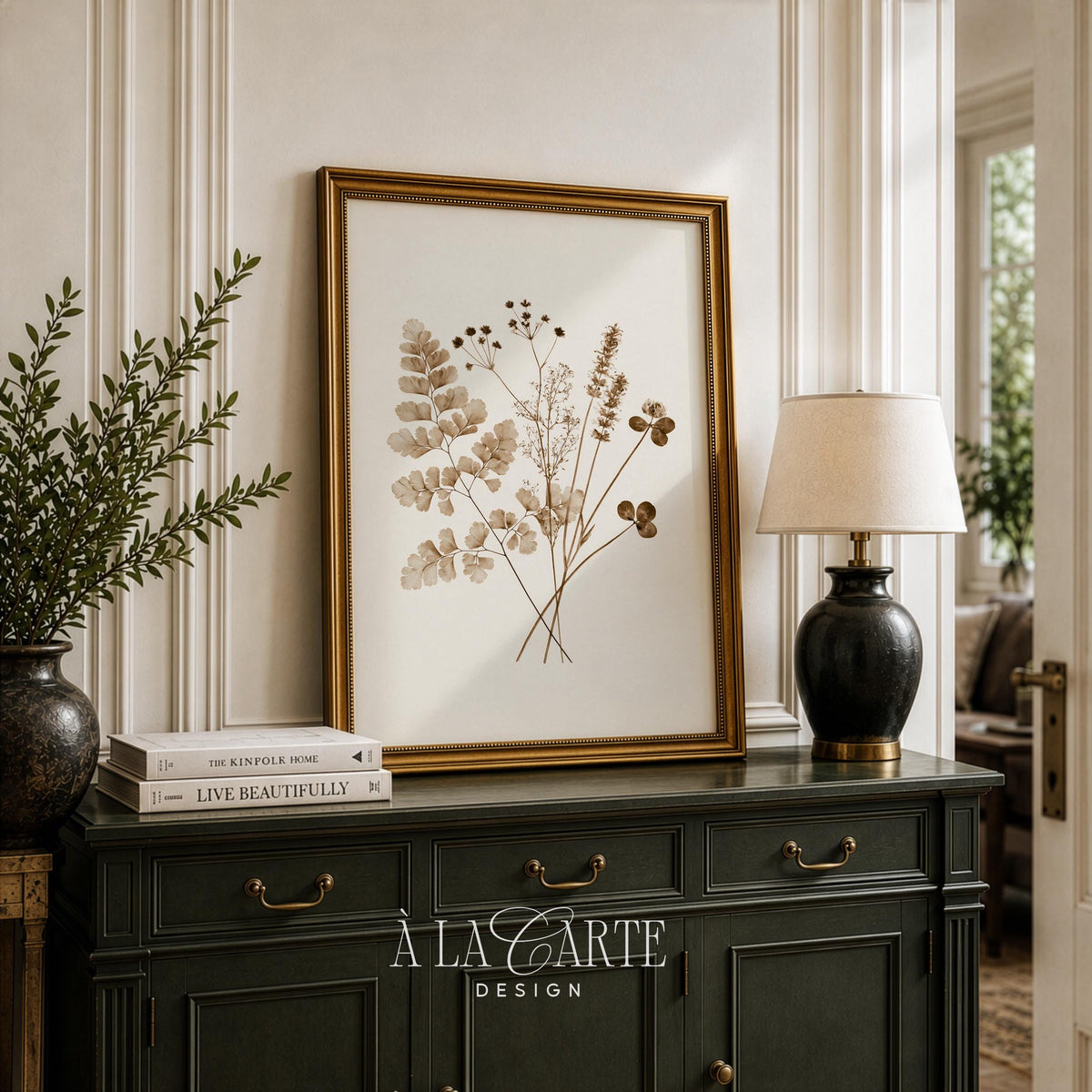 Delicate foliage digital print for entryway — rustic botanical artwork inspired by vintage plant specimens