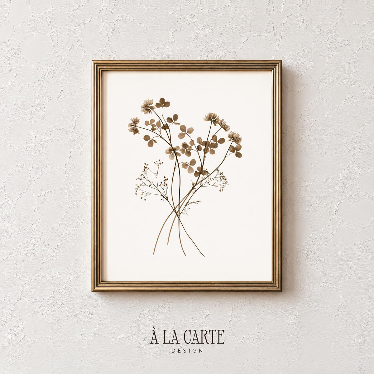 Small clover bouquet wall art printable — muted sepia tones and curled stems vintage aesthetic