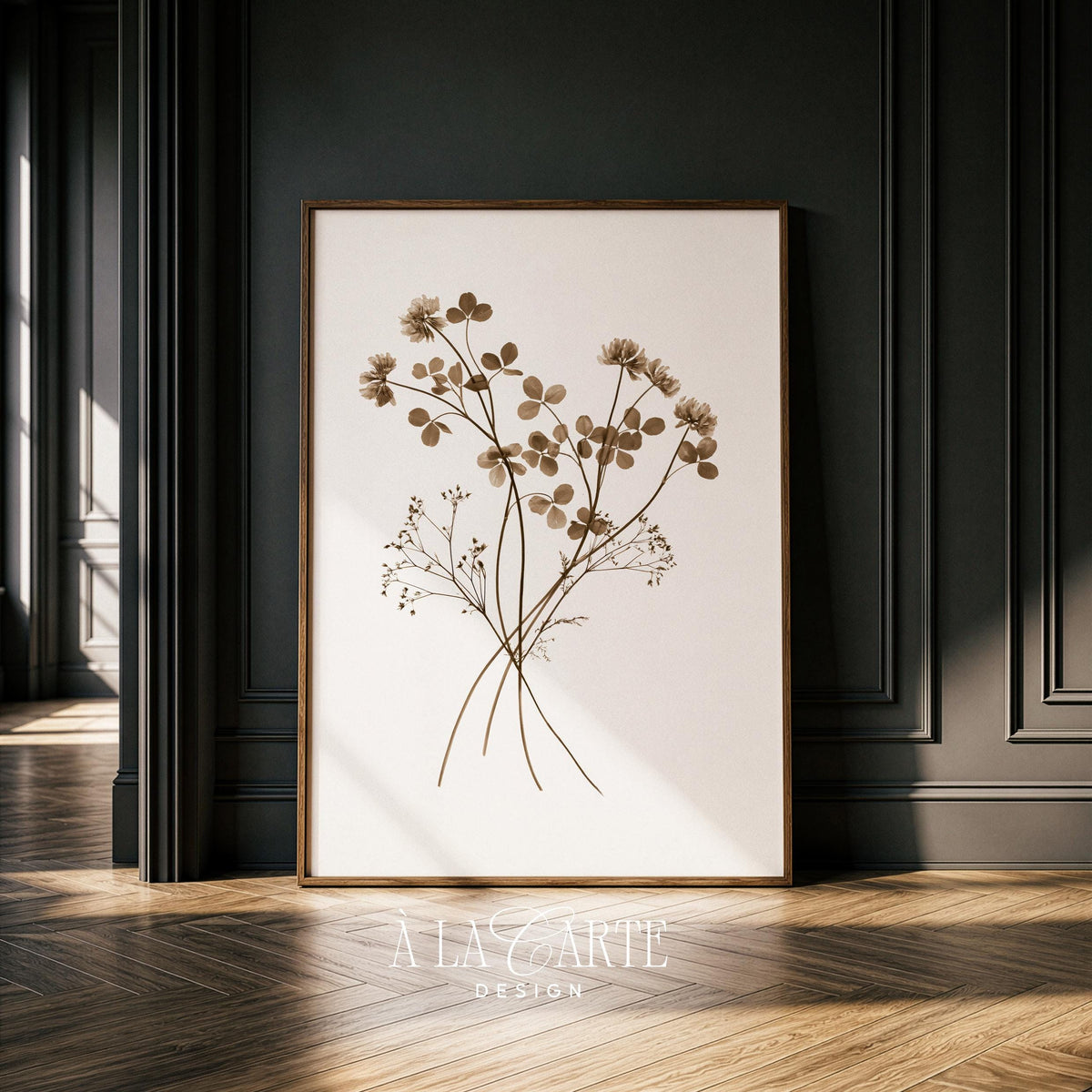 Pressed flower artwork with baby's breath filler — antique botanicals picture for neutral interiors