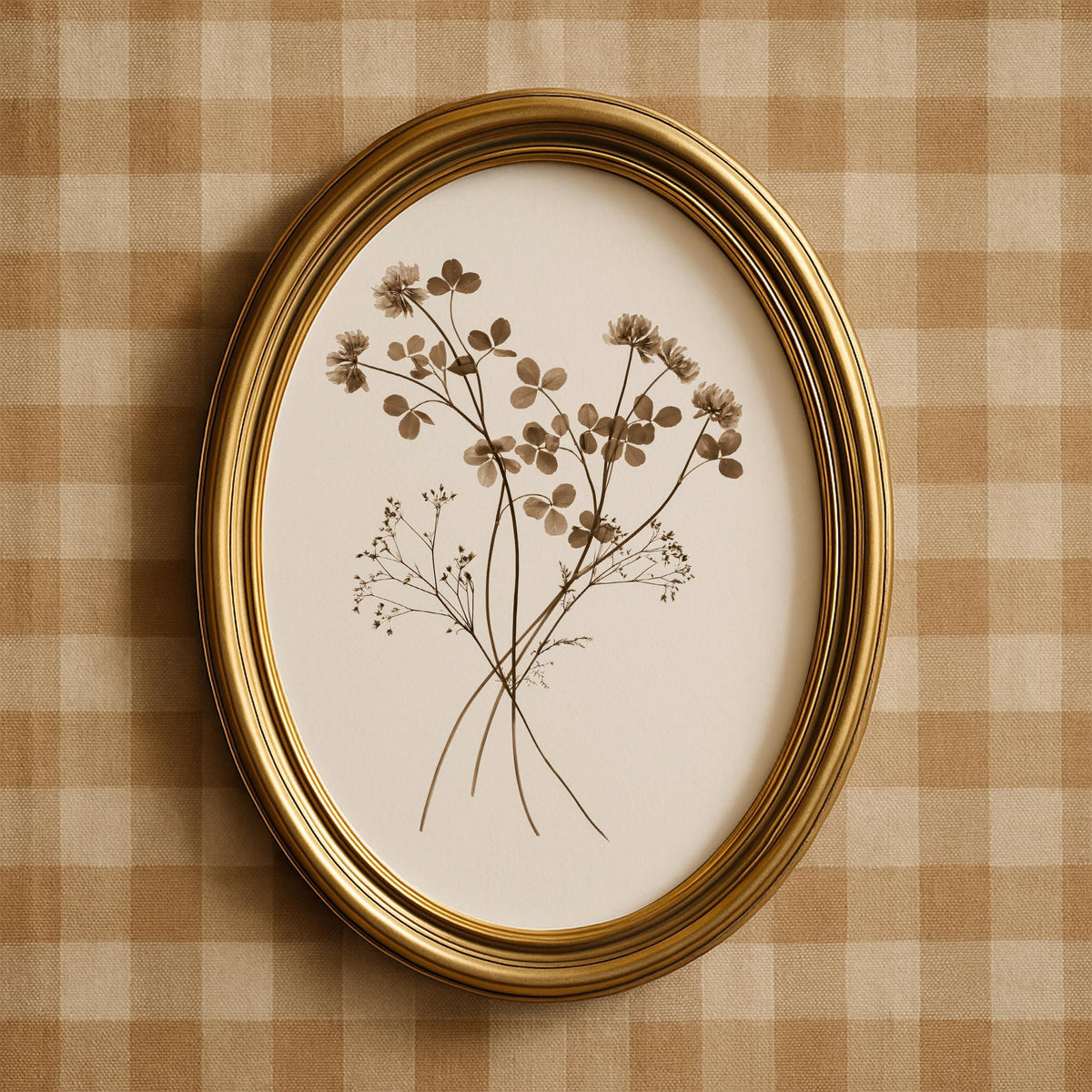 Cottagecore botanical poster with bundled stems — sepia botanical artwork for farmhouse spaces