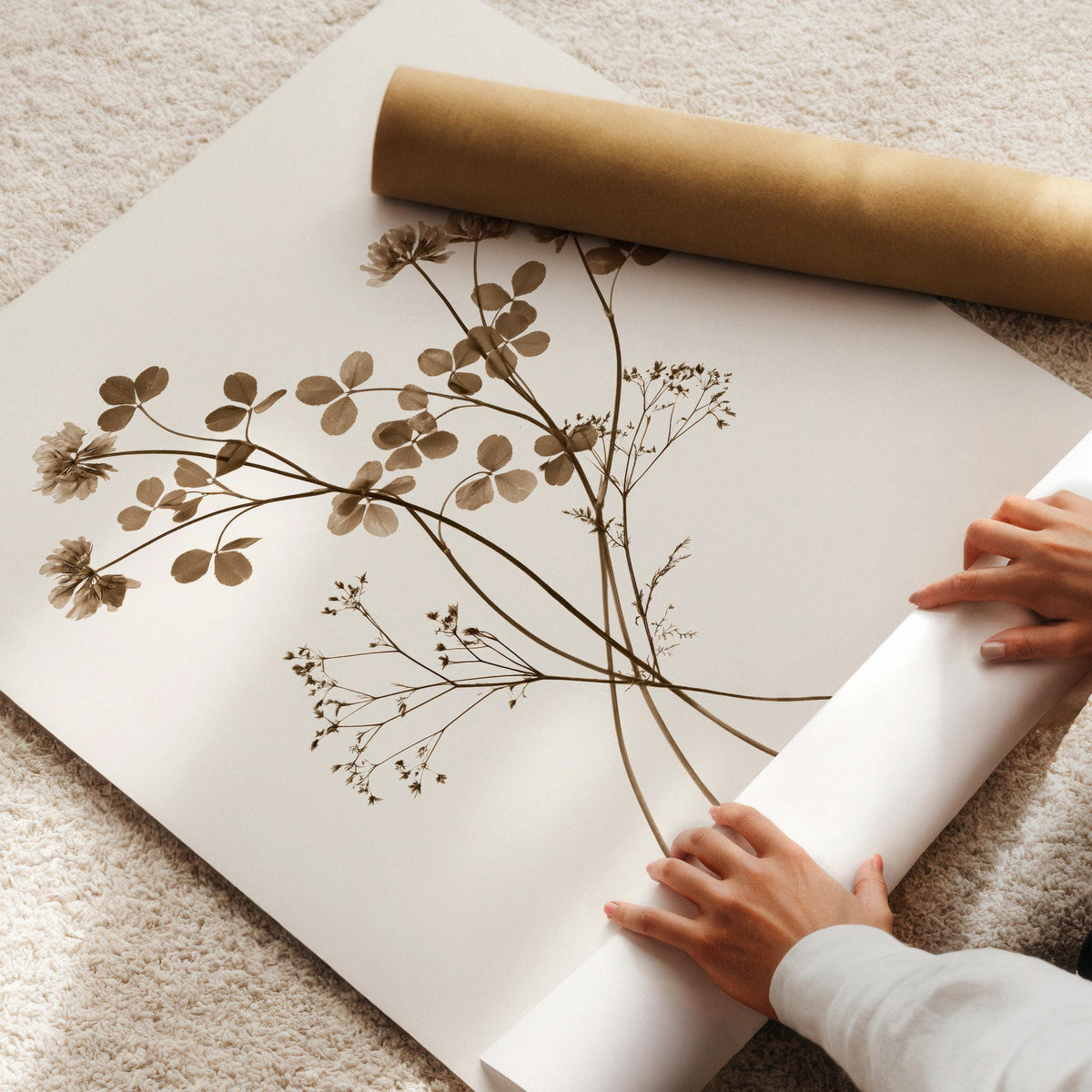 Antique-style pressed flower wall art printable download — cream background soft botanical