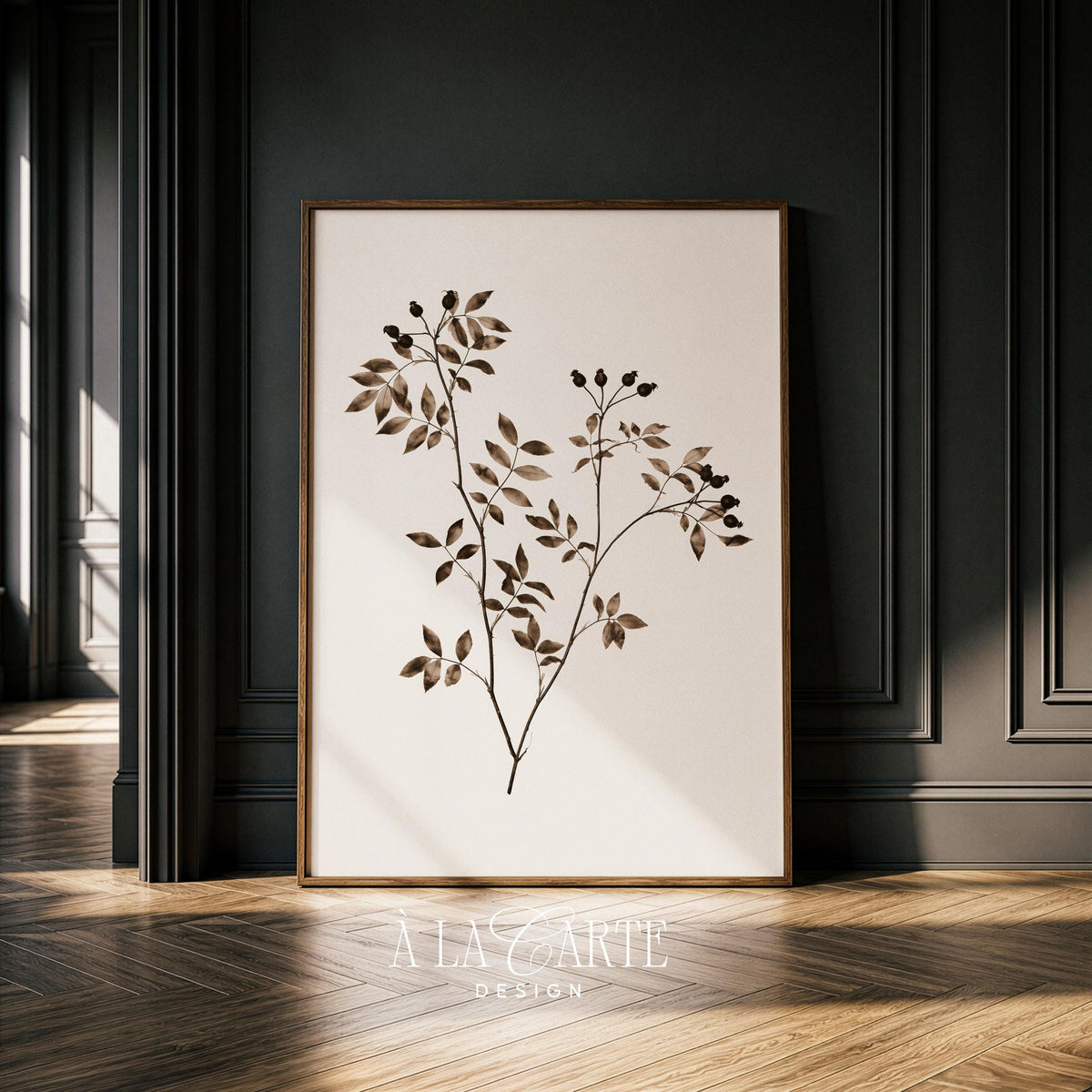 Minimalist floral wall print for living room — delicate botanical branch with quiet charm and neutral color palette