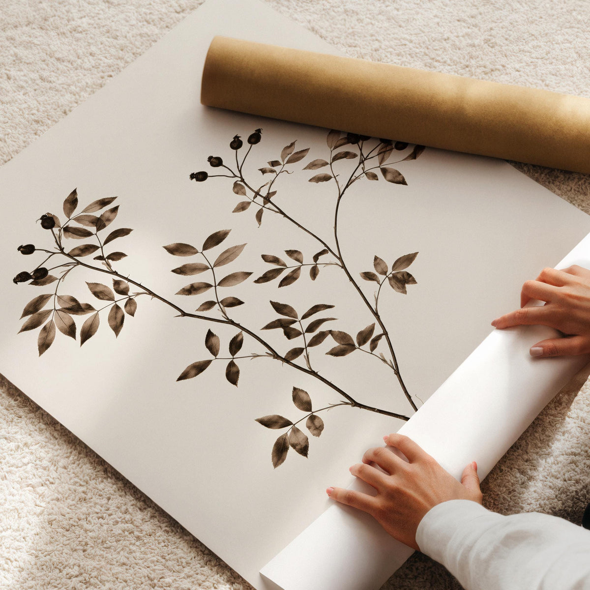 Berry branch wall art instant download — cottagecore botanical drawing featuring fine linework and earthy neutral palette