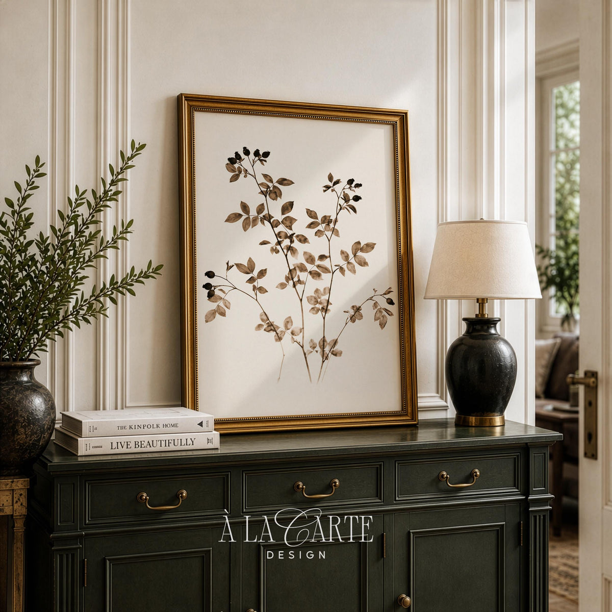 Farmhouse botanical picture — delicate branching stems with soft watercolor shading throughout