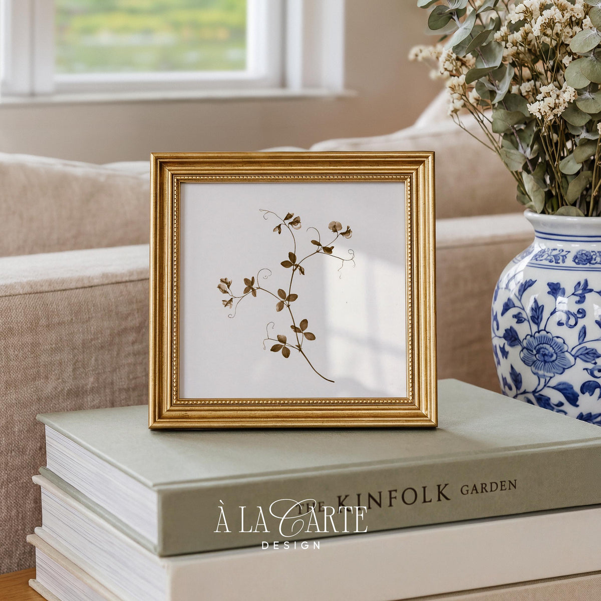 Soft botanical stem artwork featuring organic tendrils — minimalist large wall art with cottage garden aesthetic and antique sepia botanical style