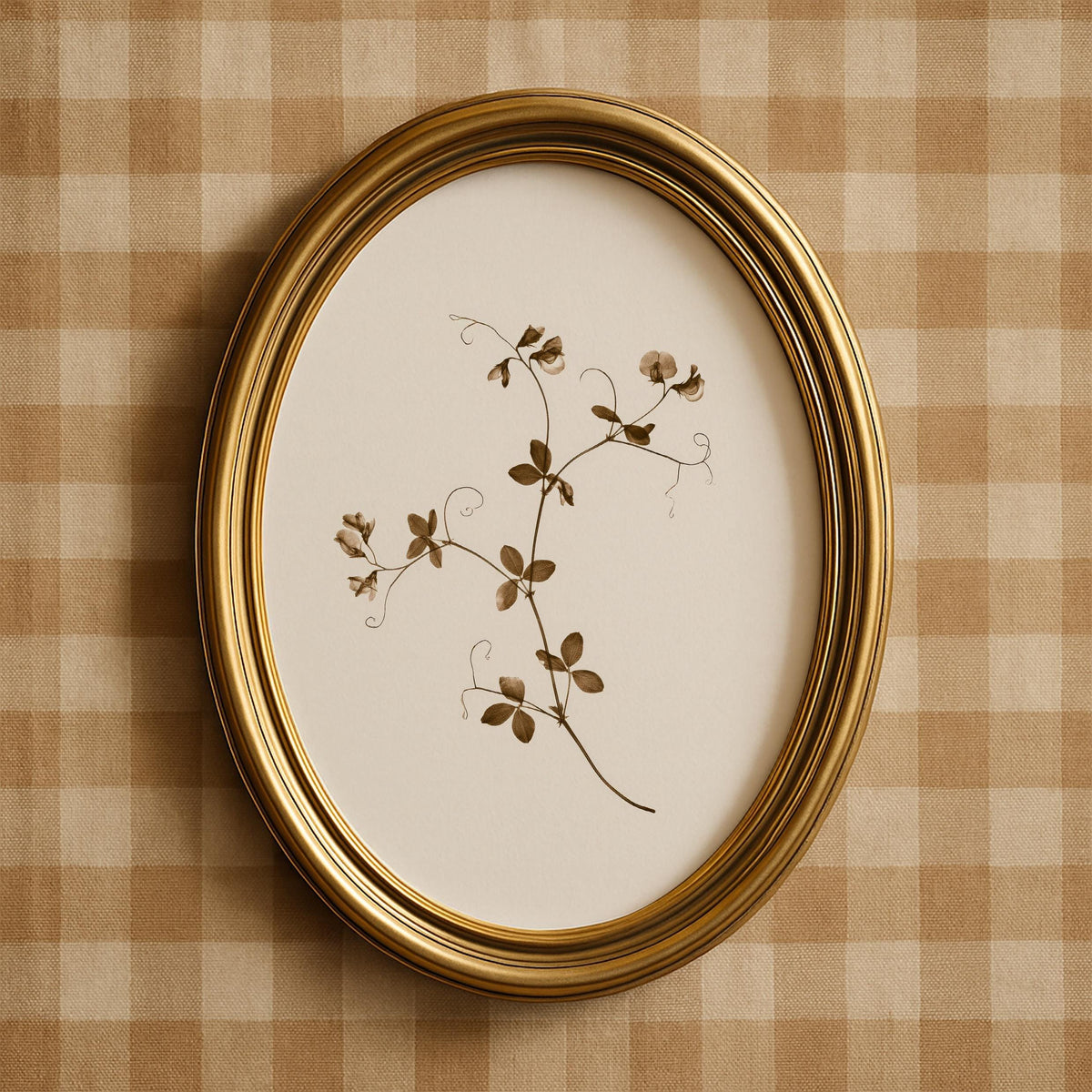 Cottagecore botanical branch digital print — delicate wall art with curling tendrils and small blooms, soft vintage palette for bedroom spaces