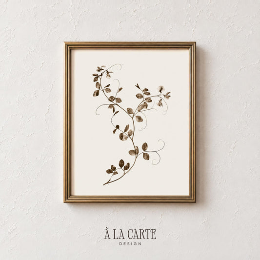 Delicate foliage line drawing — vintage botanical print art with scattered leaves, cream tones, and quiet elegance