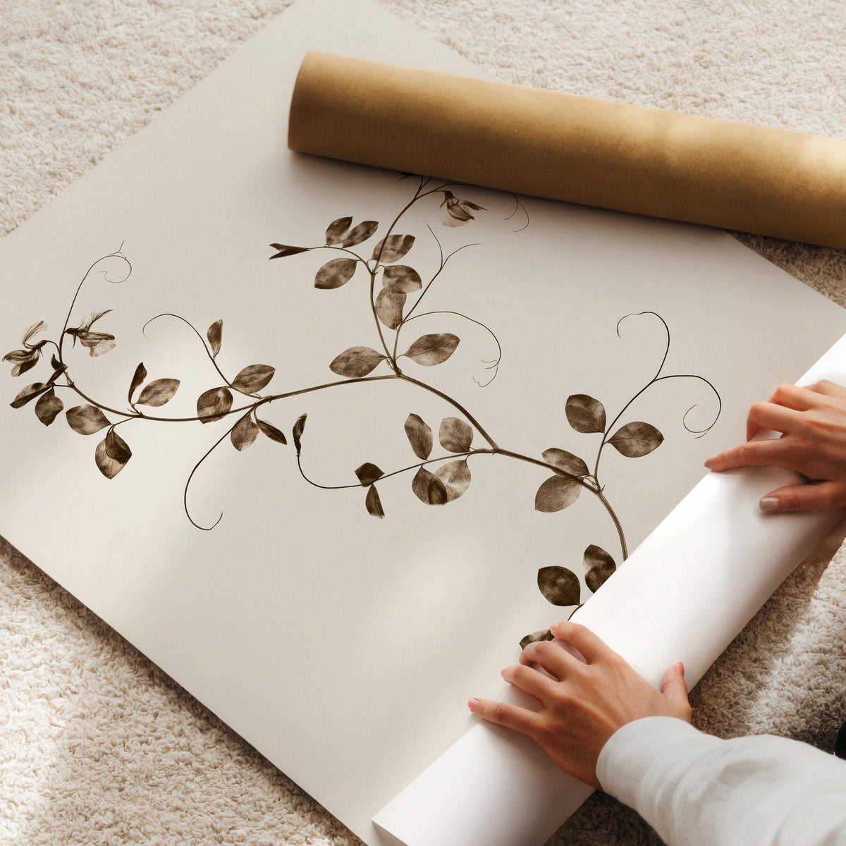Pressed botanical poster for dining room — fine-lined vine study in warm neutrals with vintage pressed-flower aesthetic