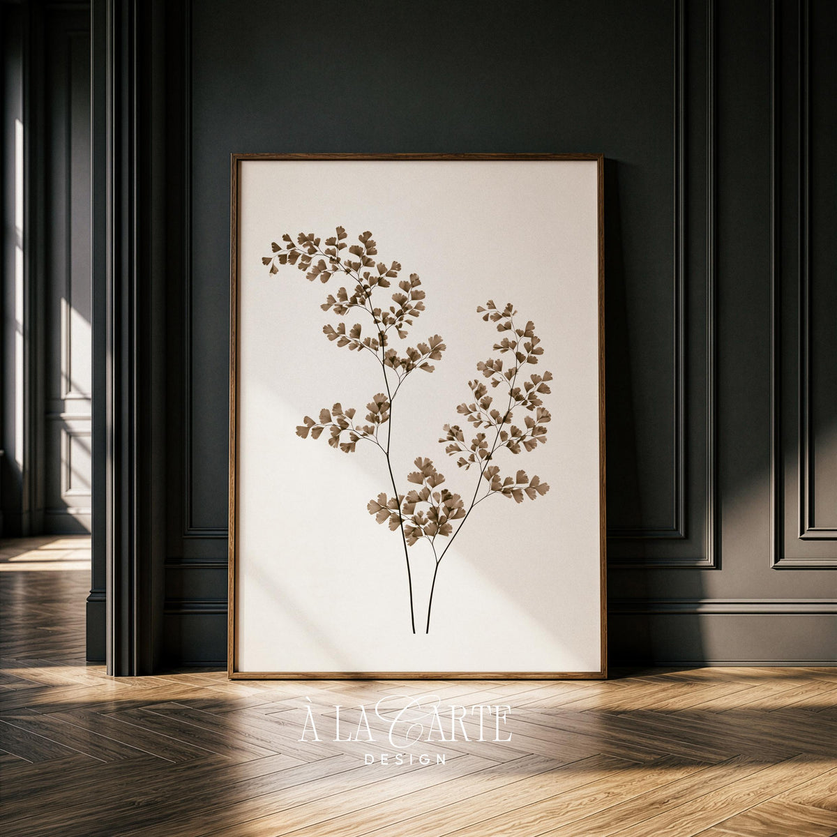 Antique botanical digital print for dining room — delicate stem illustration, earthy tone palette with gentle vintage charm