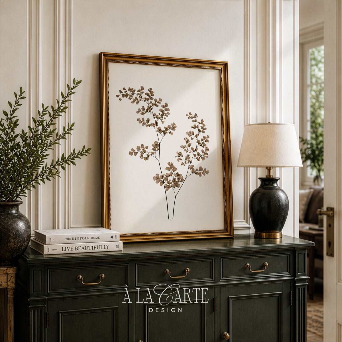 Neutral botanical wall decor printable — understated leaf study with thin stems, soothing muted palette for modern farmhouse