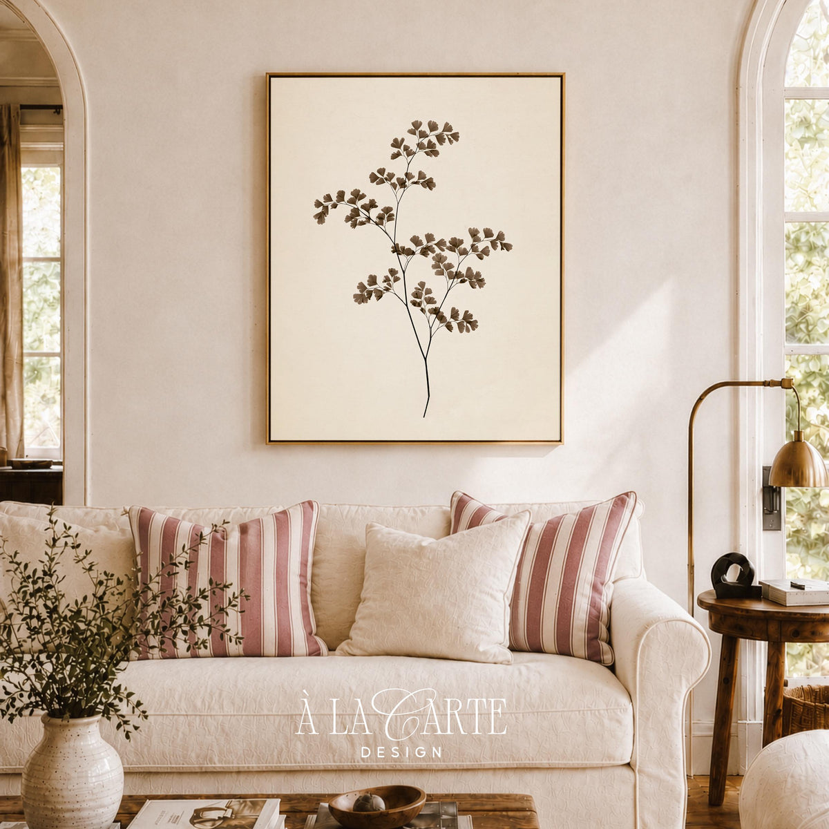 Delicate leafy sprig wall art featuring minimalist plant specimen in warm brown tones and cottagecore aesthetic