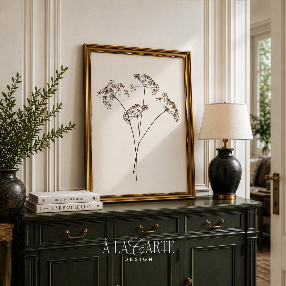 Rustic botanical wall art for bedroom — fine line drawing of wild carrot umbels with airy, peaceful aesthetic composition