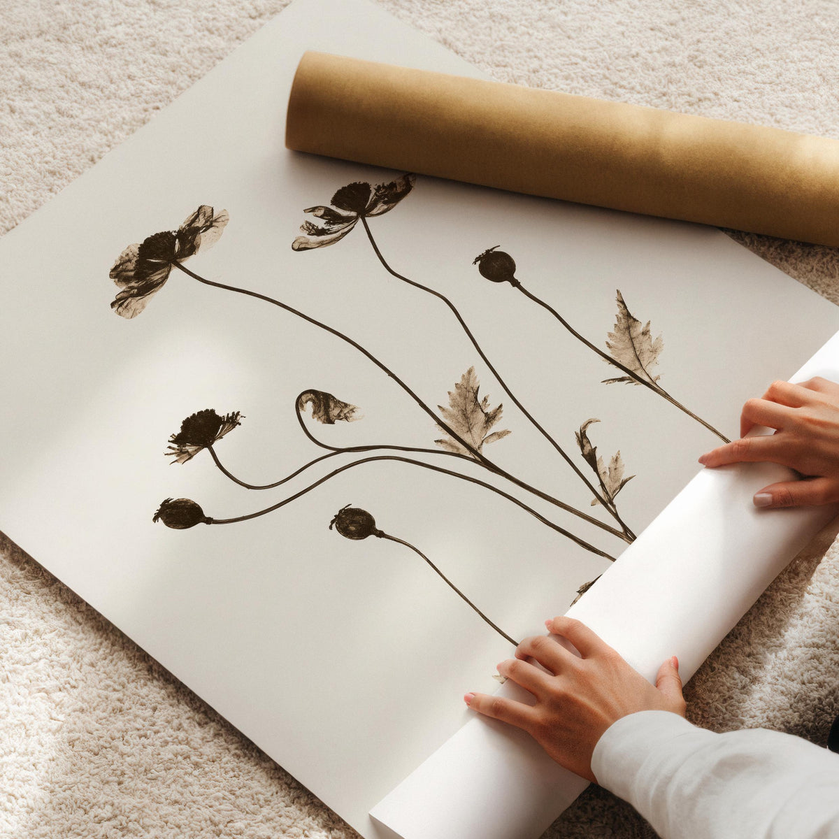 Pressed flower art print for dining room — delicate herbarium-style illustration with understated botanical beauty