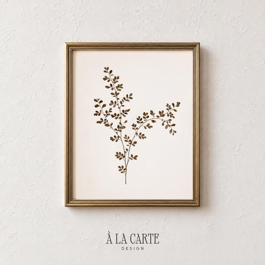 Leafy botanical branch wall art for nursery — calm pressed flower design in muted sepia with understated natural elegance