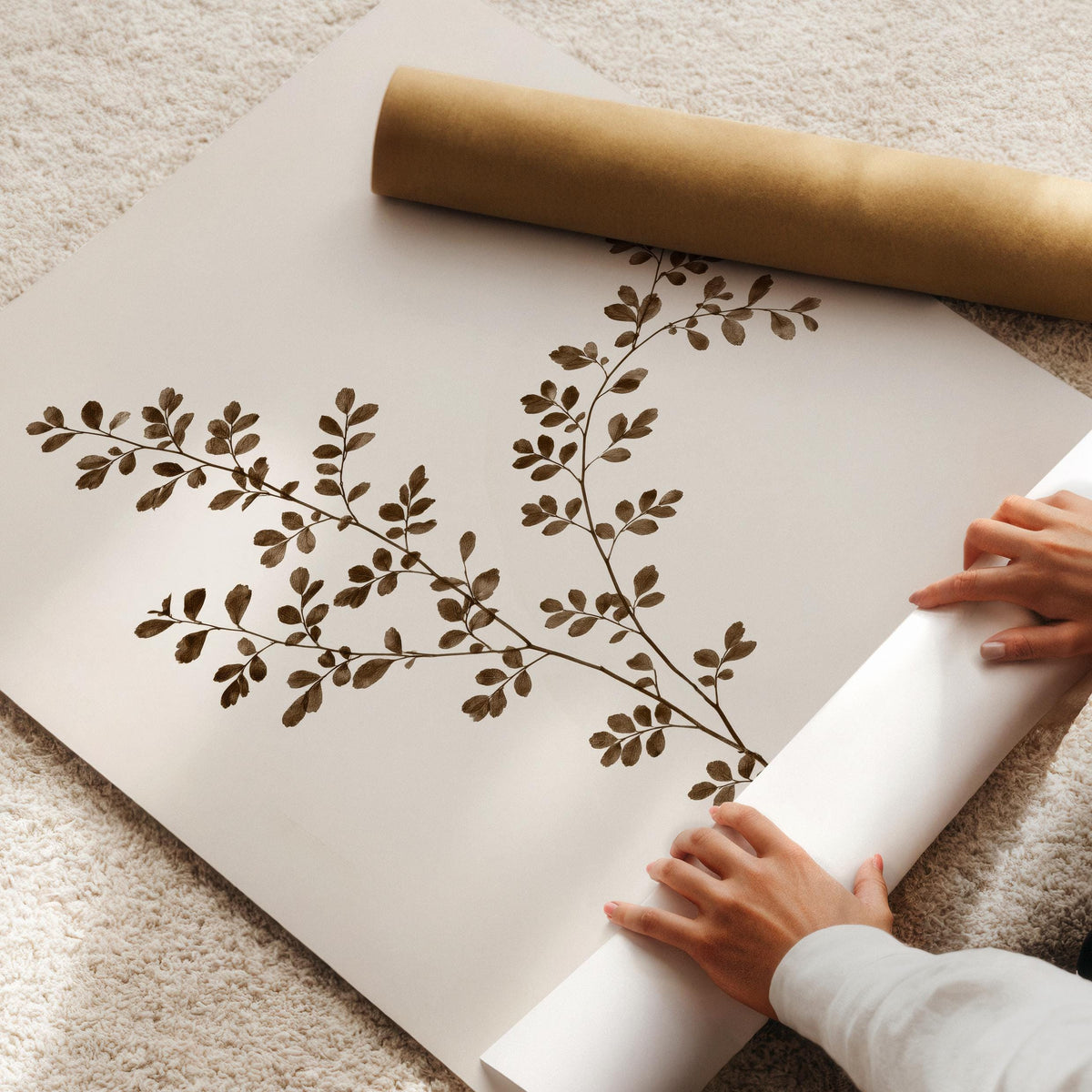 Delicate herbaceous illustration picture — vintage botanical print with soft brown tones ideal for minimalist home decor schemes