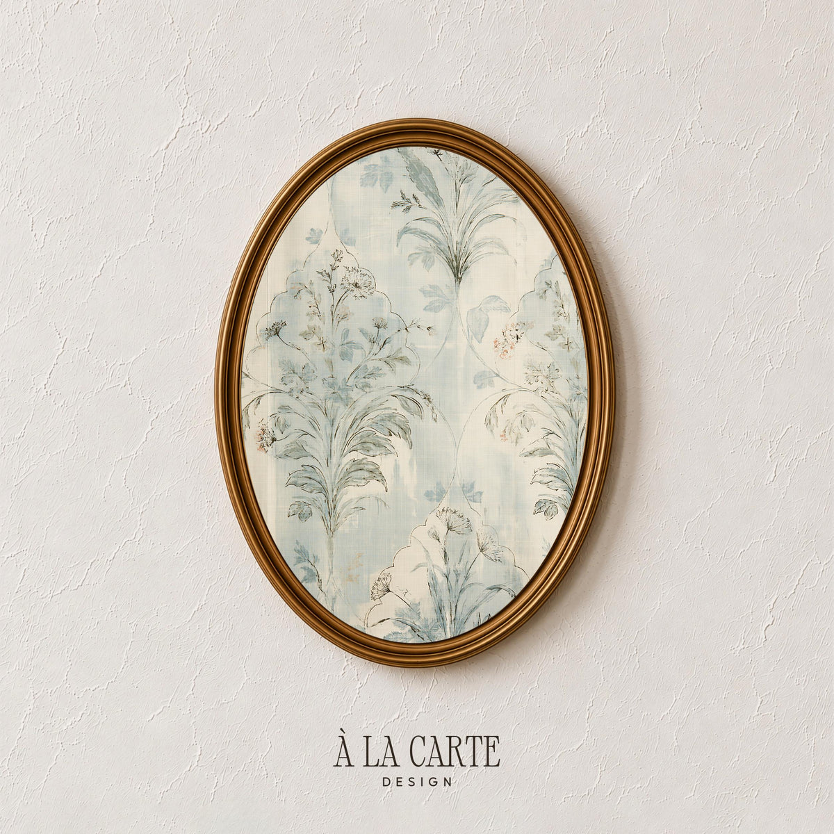 Grandmillennial floral wall art digital print — heritage botanical tapestry design in muted blue and cream tones