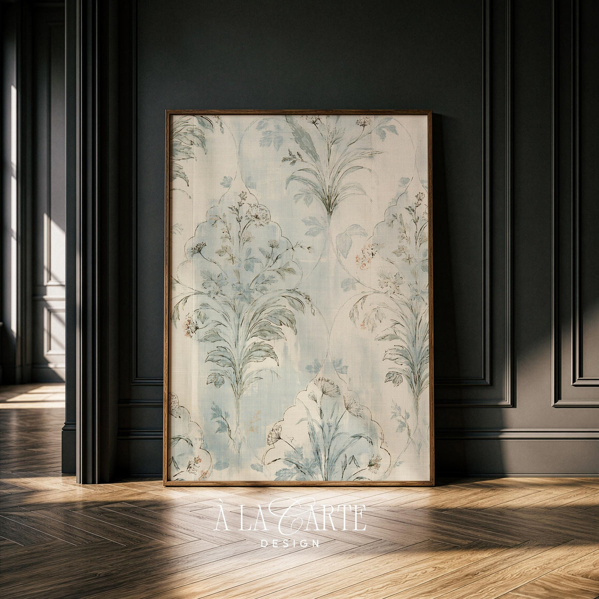 Botanical heritage print wall decor — antique tapestry-inspired symmetrical leaf and floral linework