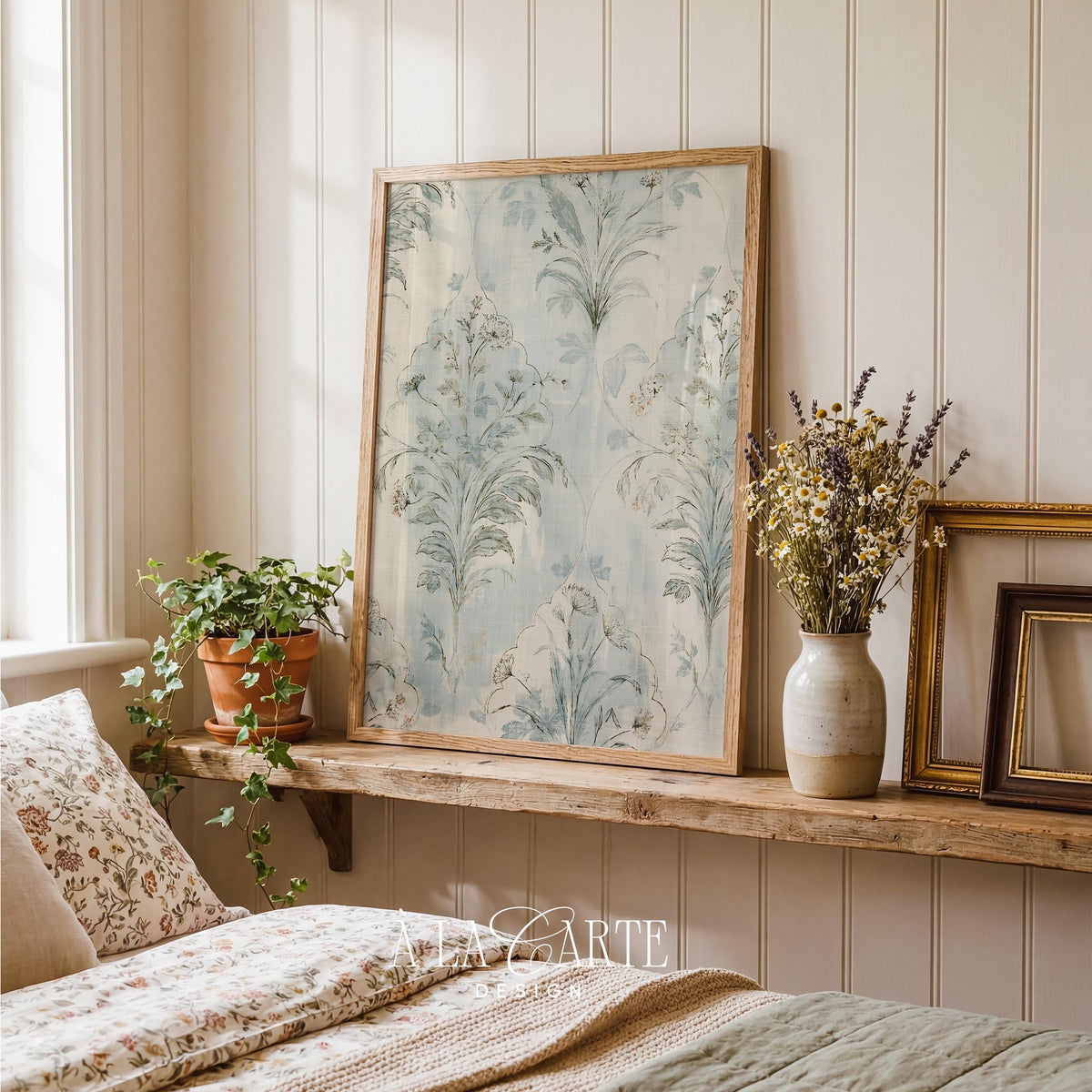 Vintage botanical print digital download — soft feathery sprays in cream, blue, and sage for cottage interiors