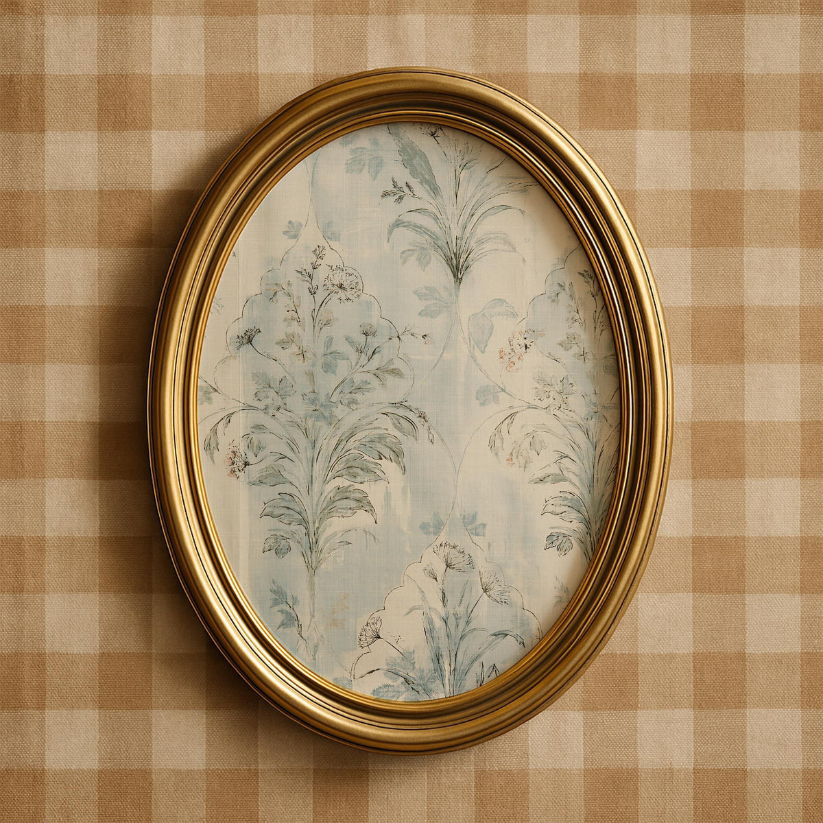 Faded textile pattern wall art for living room — symmetrical damask-inspired botanical design in muted tones
