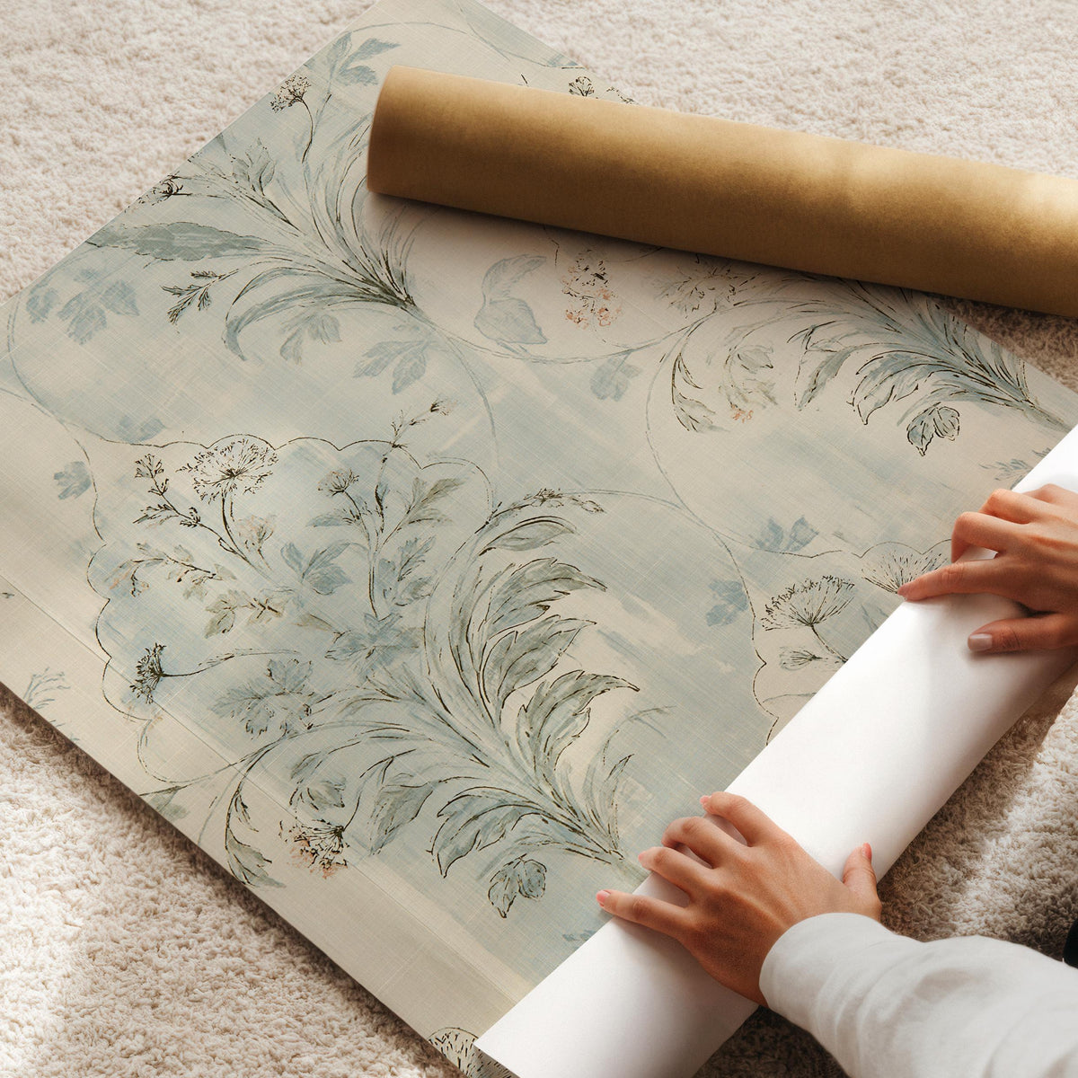 Antique floral fabric pattern wall print — feathery botanical sprays with dusty sage and blue cottage aesthetic