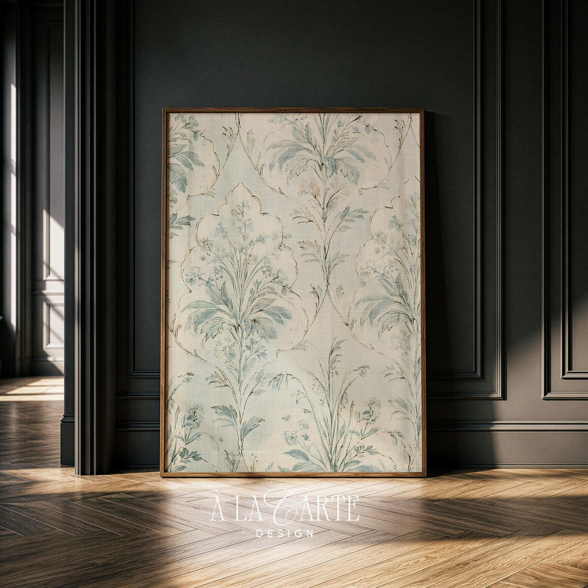 Elegant floral pattern artwork capturing antique textile design with stylized fronds and delicate gold detailing