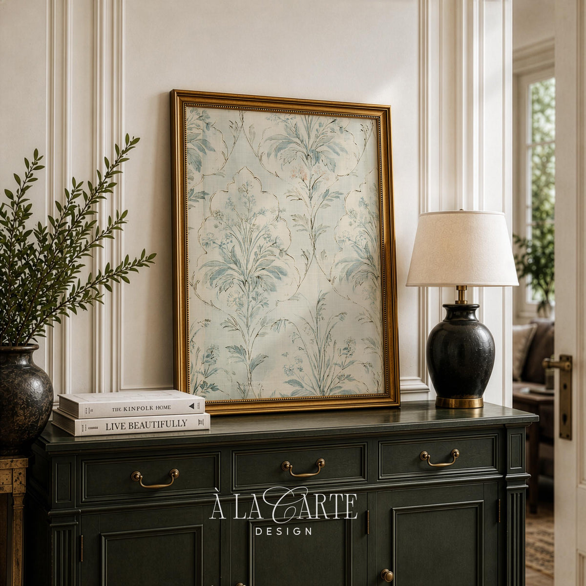 Antique fabric-style wall art showcasing interlocking ogee design with botanical sprays and vintage color palette