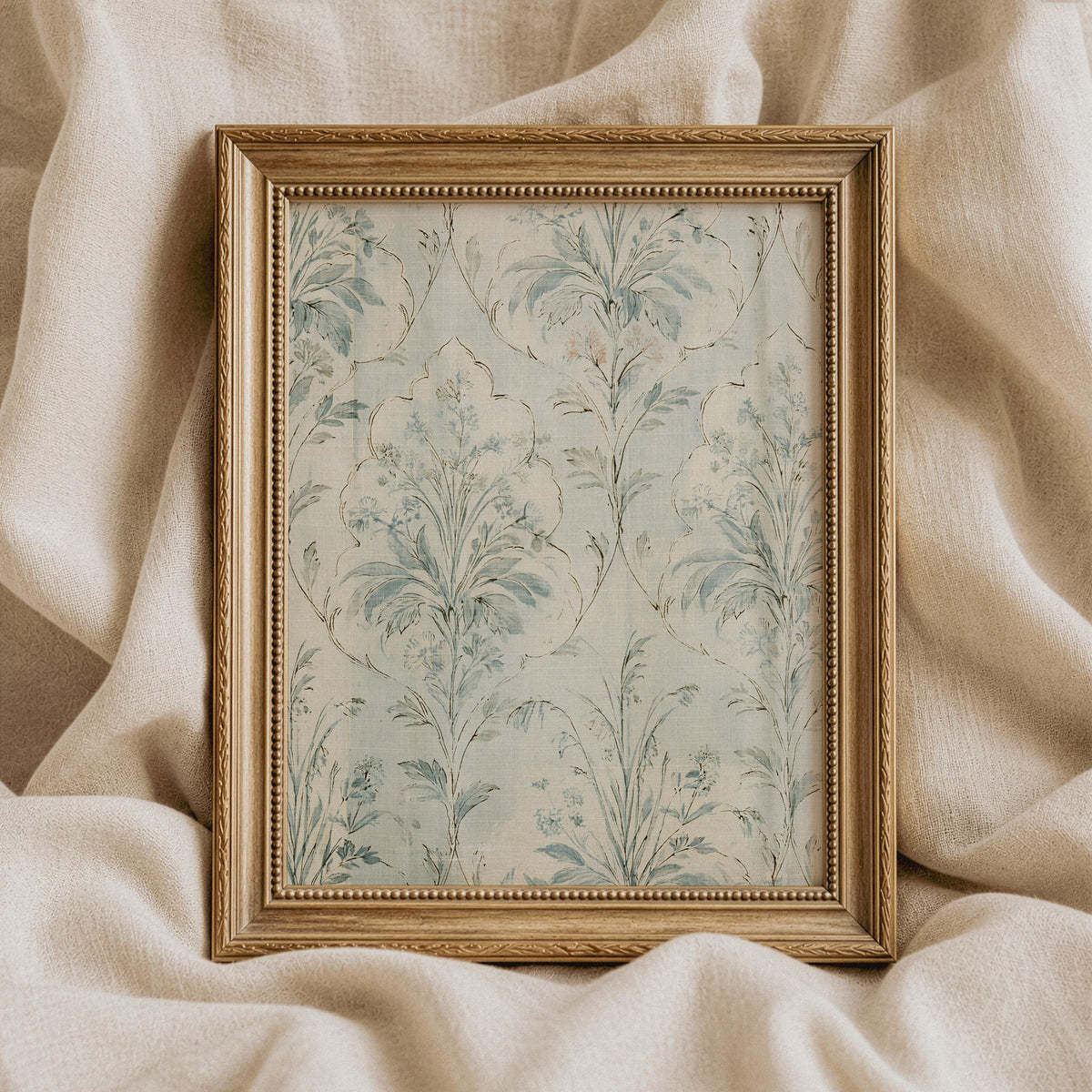 Vintage textile-inspired picture for living room — stylized foliage in pale blue and sage with cream background