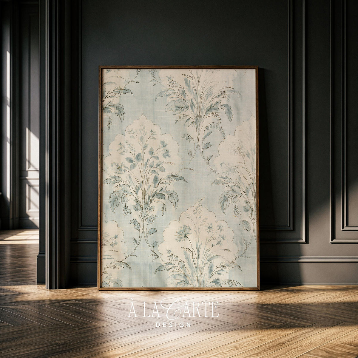 Antique damask tapestry printable art featuring botanical blooms in sage green and cream