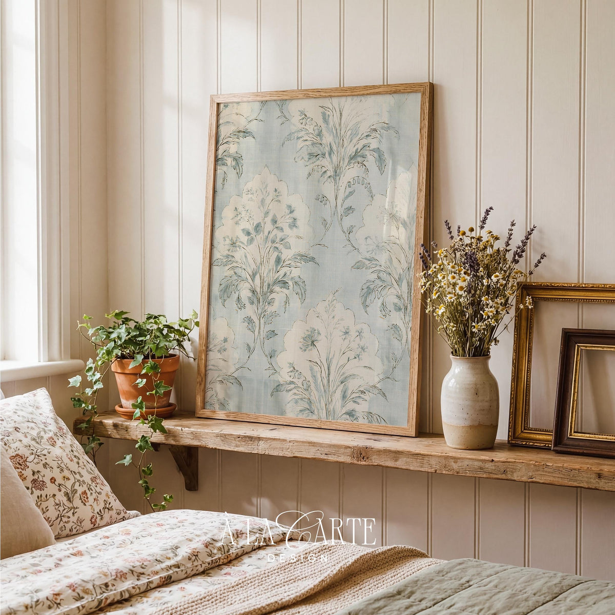 Antique floral wall art with weathered aesthetic — classic tapestry-style botanical composition