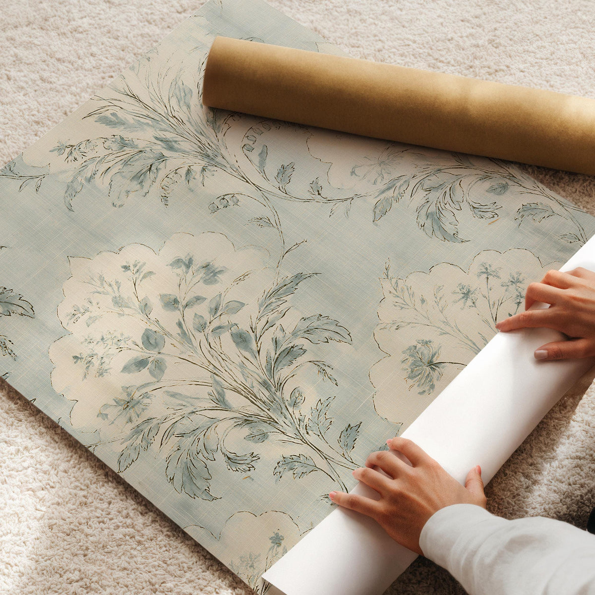 Cottagecore floral artwork with aged fabric texture in soft cream and muted blue tones