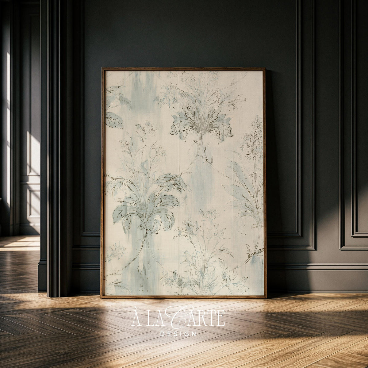 Antique Blue Tapestry Wall Art, Vintage Floral Textile Print, Pale Blue Botanical Pattern, Grandmillennial Decor, Printable Fabric Art V153
