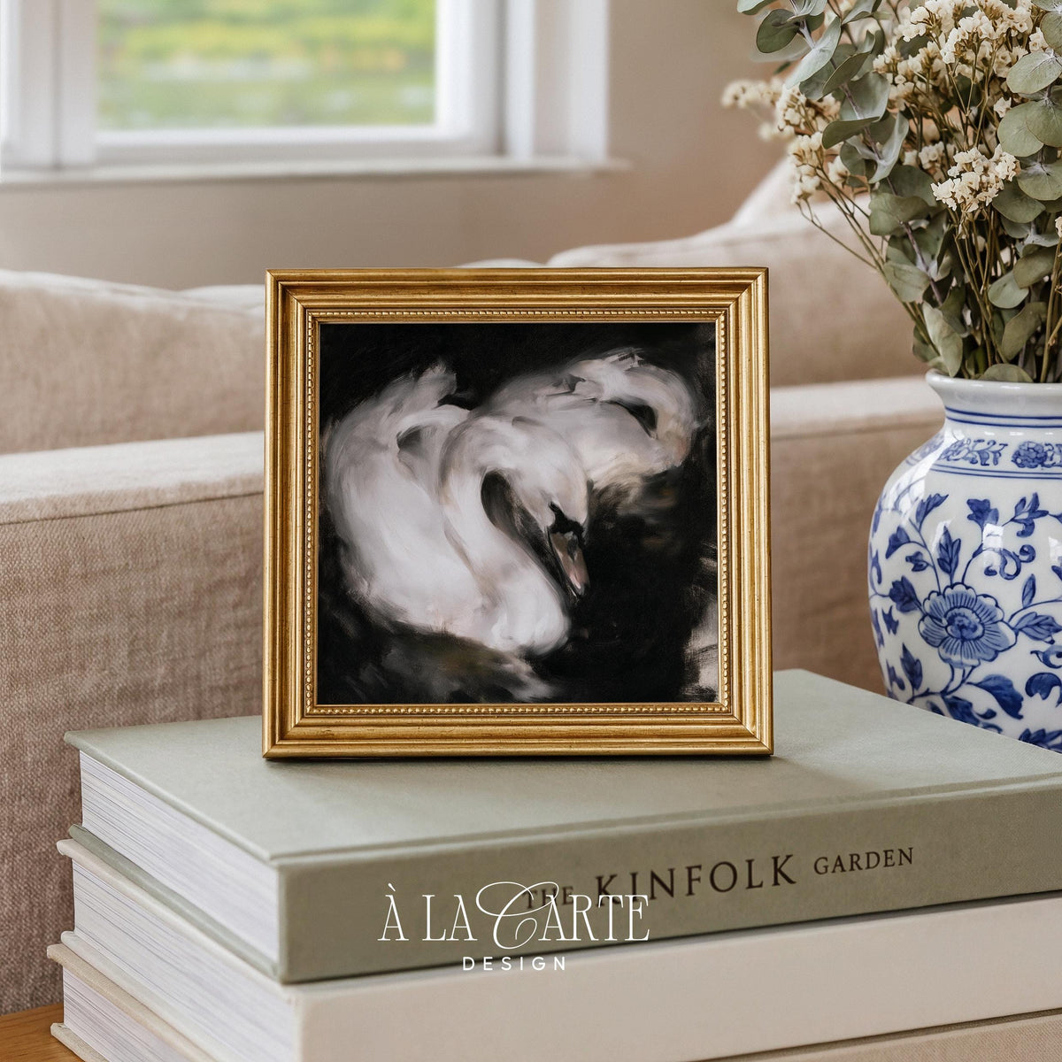 Black and white swan artwork instant download — sophisticated cottage core style with painterly texture