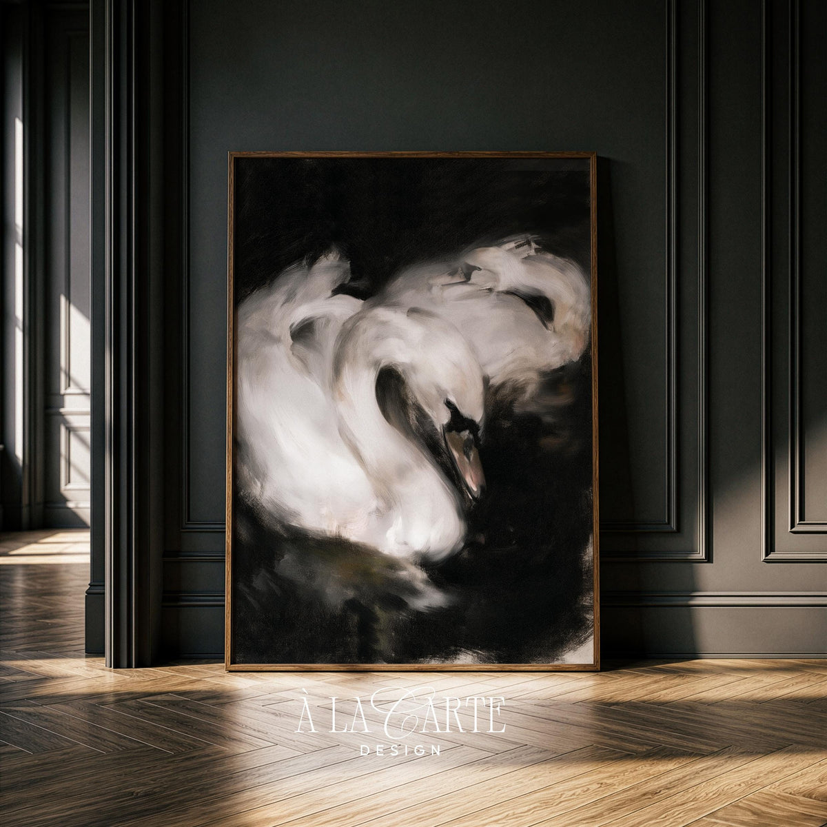 Graceful swans poster for living room — dark academia aesthetic with glowing feathered focal point