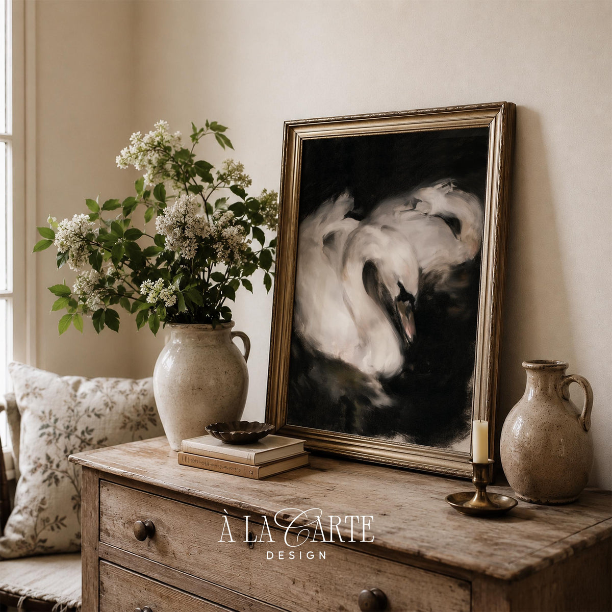 Dark and romantic swan poster printable — vintage-inspired aesthetic for trendy home decor