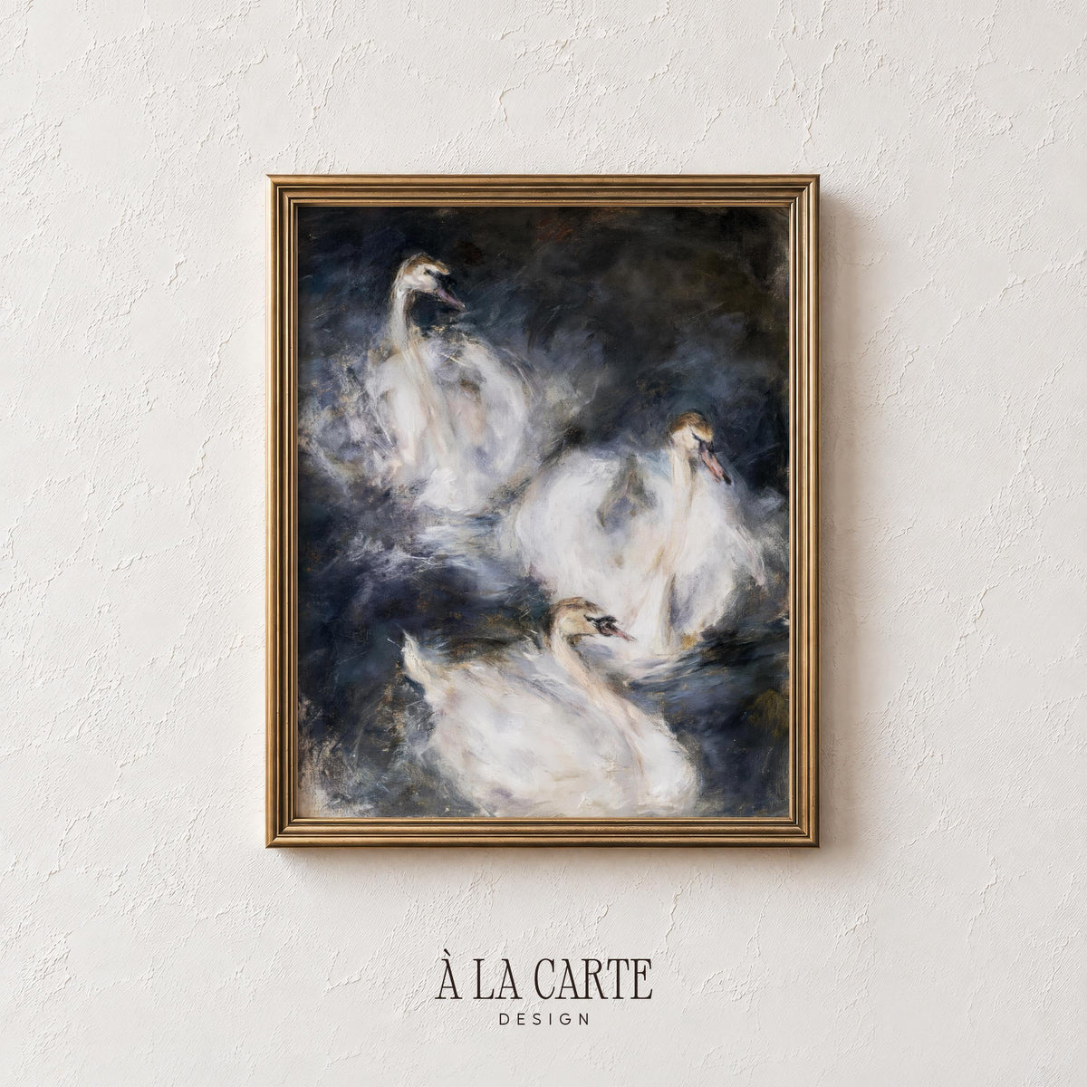 Trendy moody swan digital art for above bed placement — vintage fine art with sophisticated dark color palette
