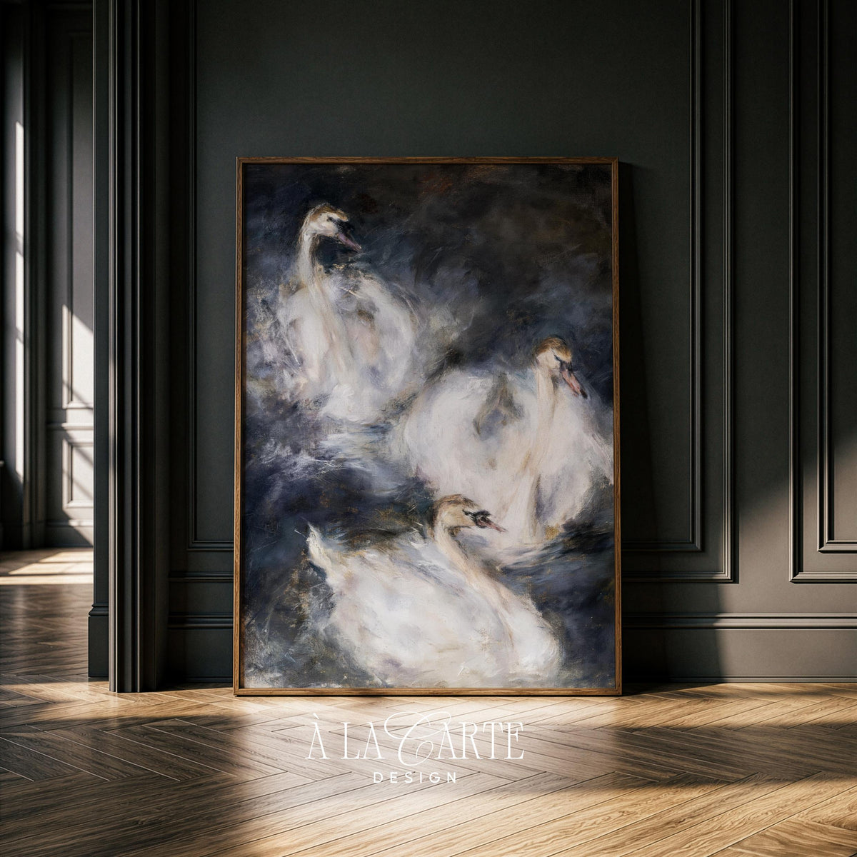 Vintage waterfowl poster for living room — atmospheric brushstroke painting with cream and deep shadow tones