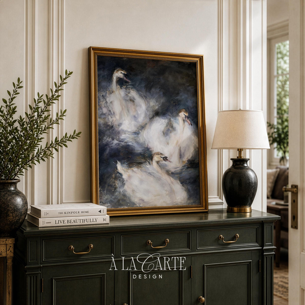 Elegant swans wall art for bedroom — atmospheric dark academia aesthetic with painterly fine art quality