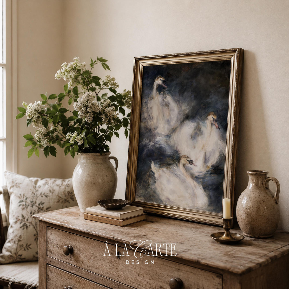 Expressive swans artwork instant download — painterly composition featuring graceful birds in smoky depths