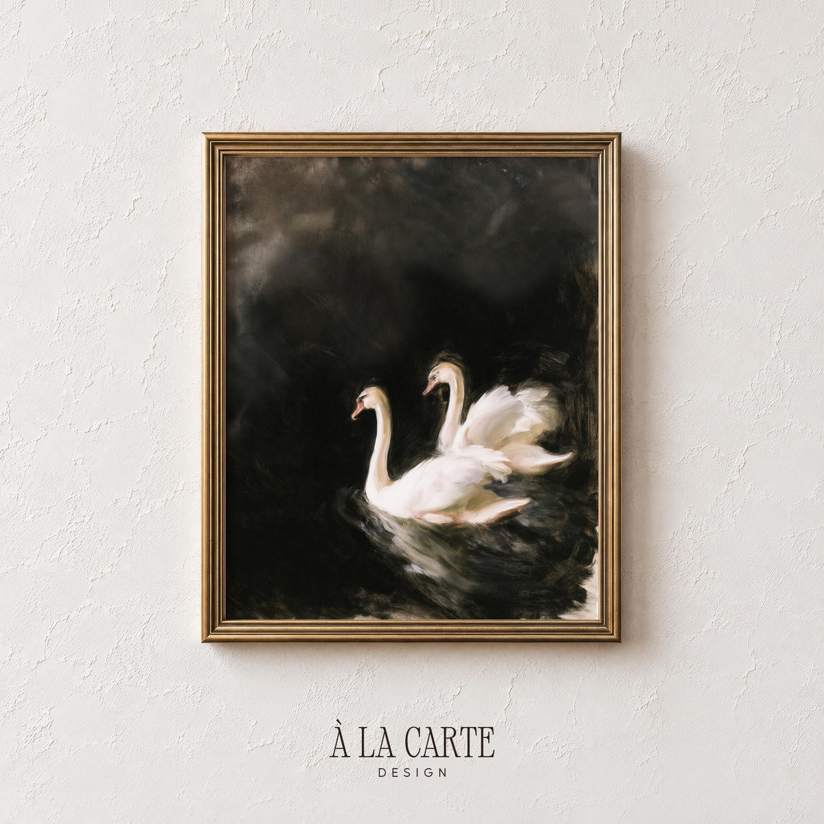 Elegant swan pair wall art for living room — romantic dark academia aesthetic with luminous figures on shadowy backdrop