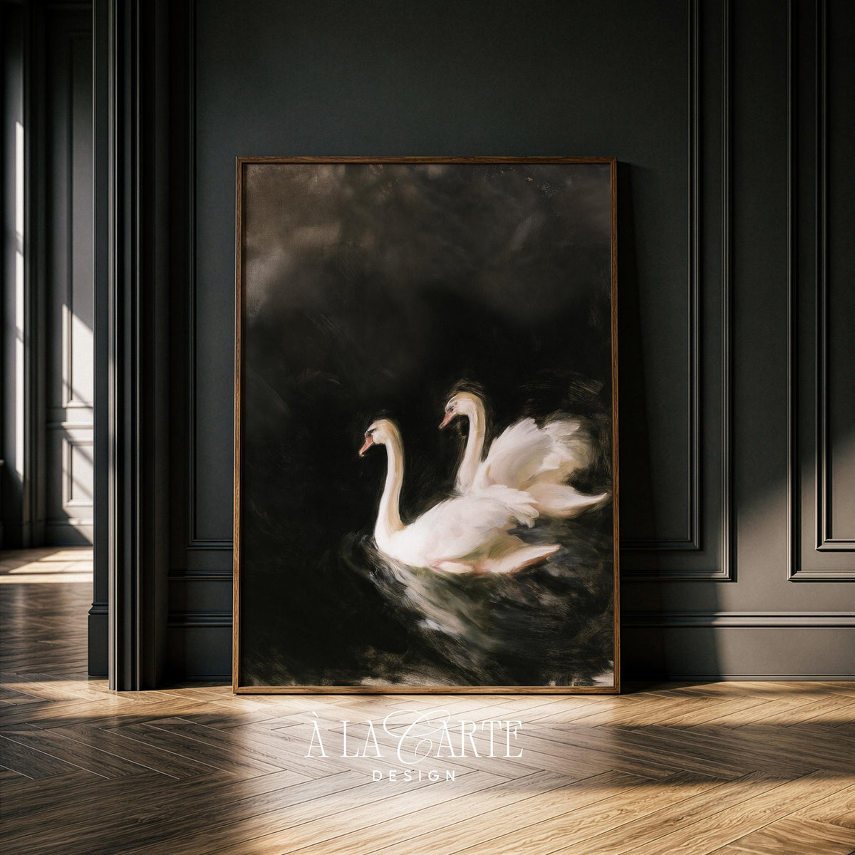 Swans gliding together wall art for above bed — expressive painting with dramatic mood and elegant composition