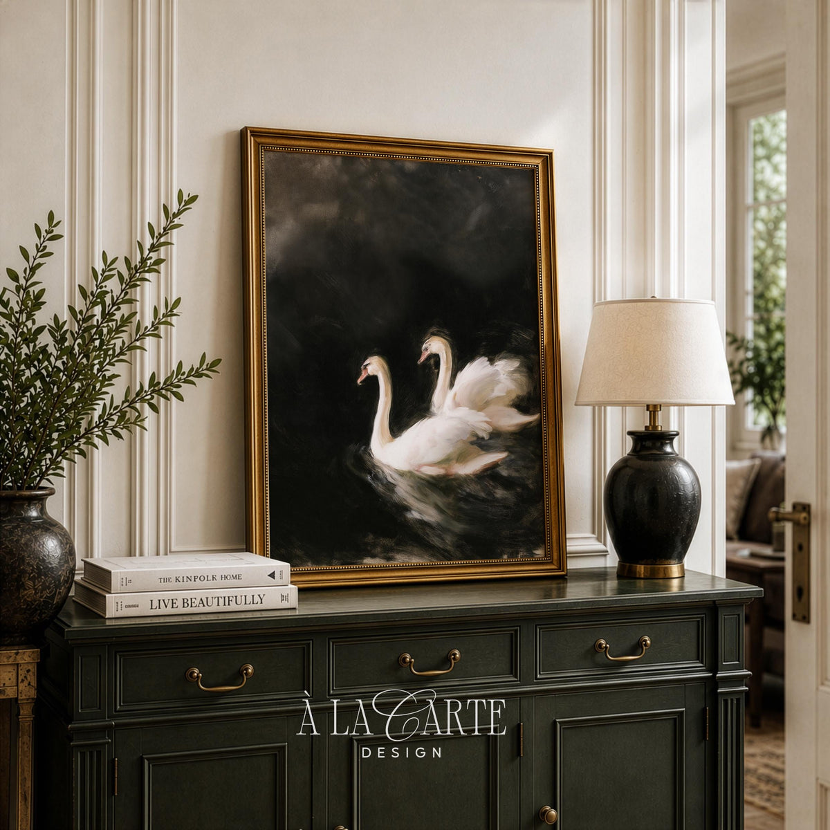 Dramatic bird painting wall art for bedroom — elegant white swans on deep background with rich textured strokes