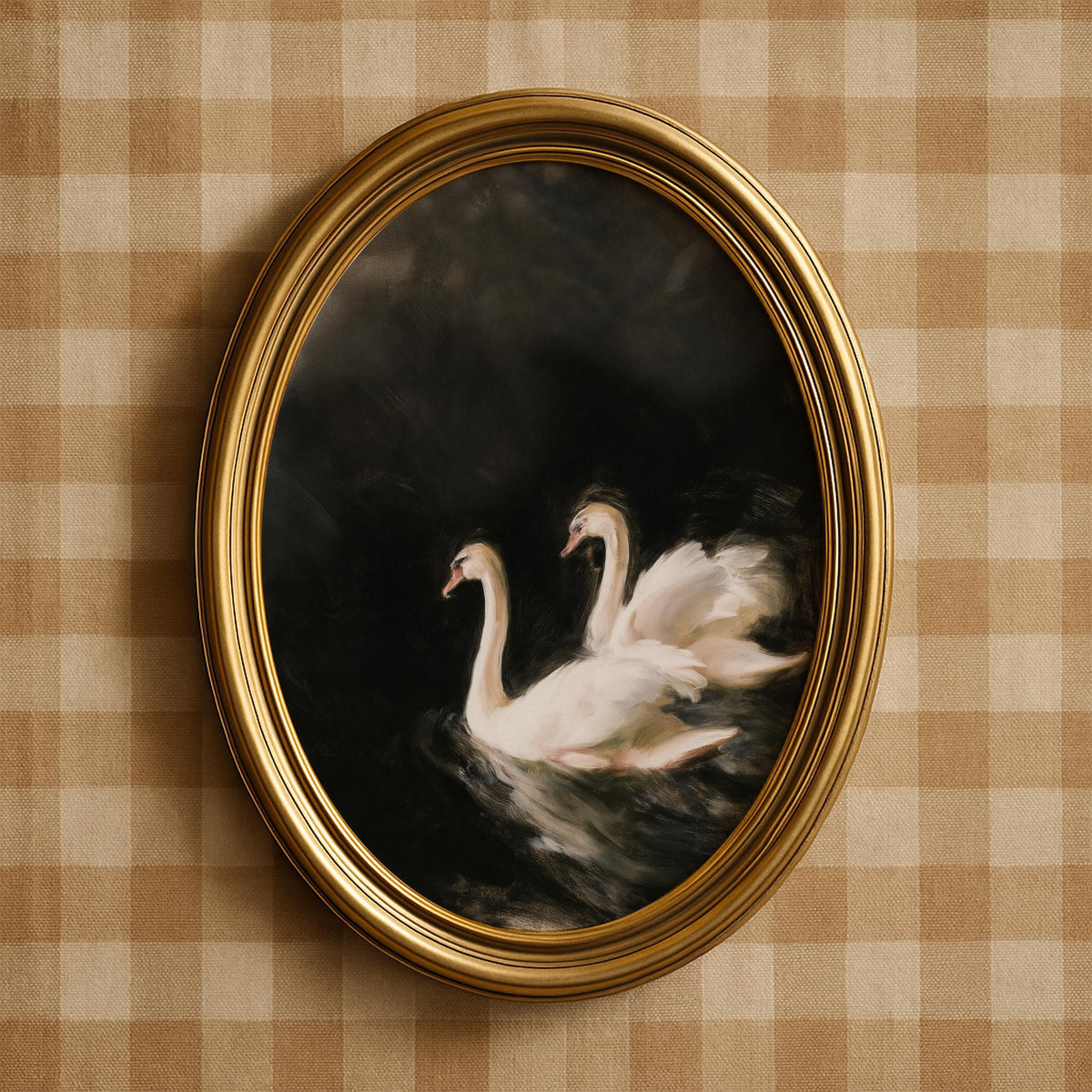Gliding swans digital download poster for entryway — romantic moody aesthetic with luminous figures on shadowy water