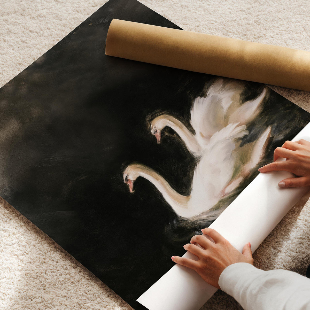 Dark academia bird artwork poster for bedroom — graceful swans with dramatic lighting and vintage painting style