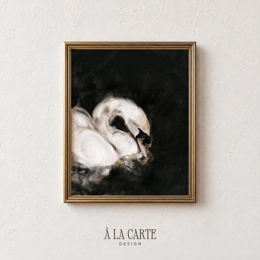 Moody avian painting printable download for living room — soft cream brushstrokes against deep dramatic backdrop