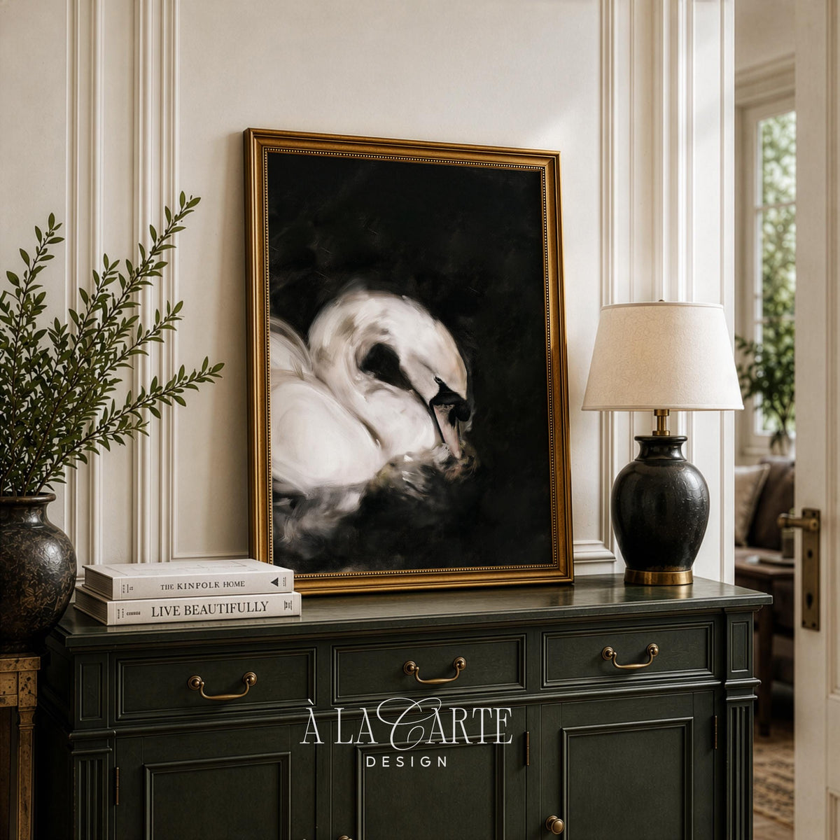 Curved-neck bird poster printable art — expressive brushwork creates somber refined gallery piece