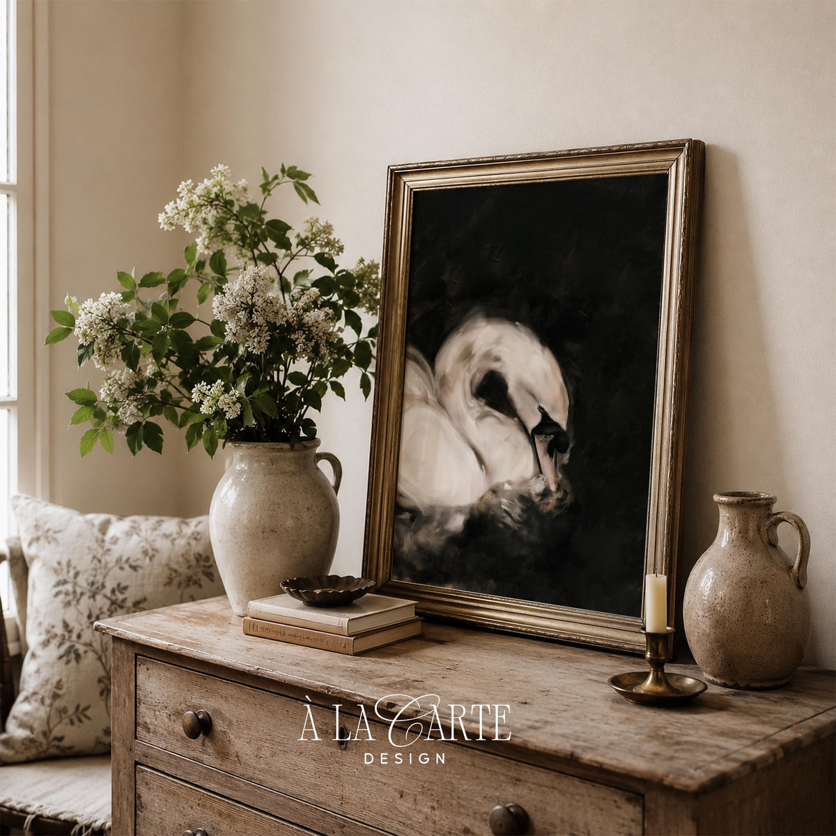 Graceful swan artwork printable for living room — elegant bird painting with dark moody aesthetic