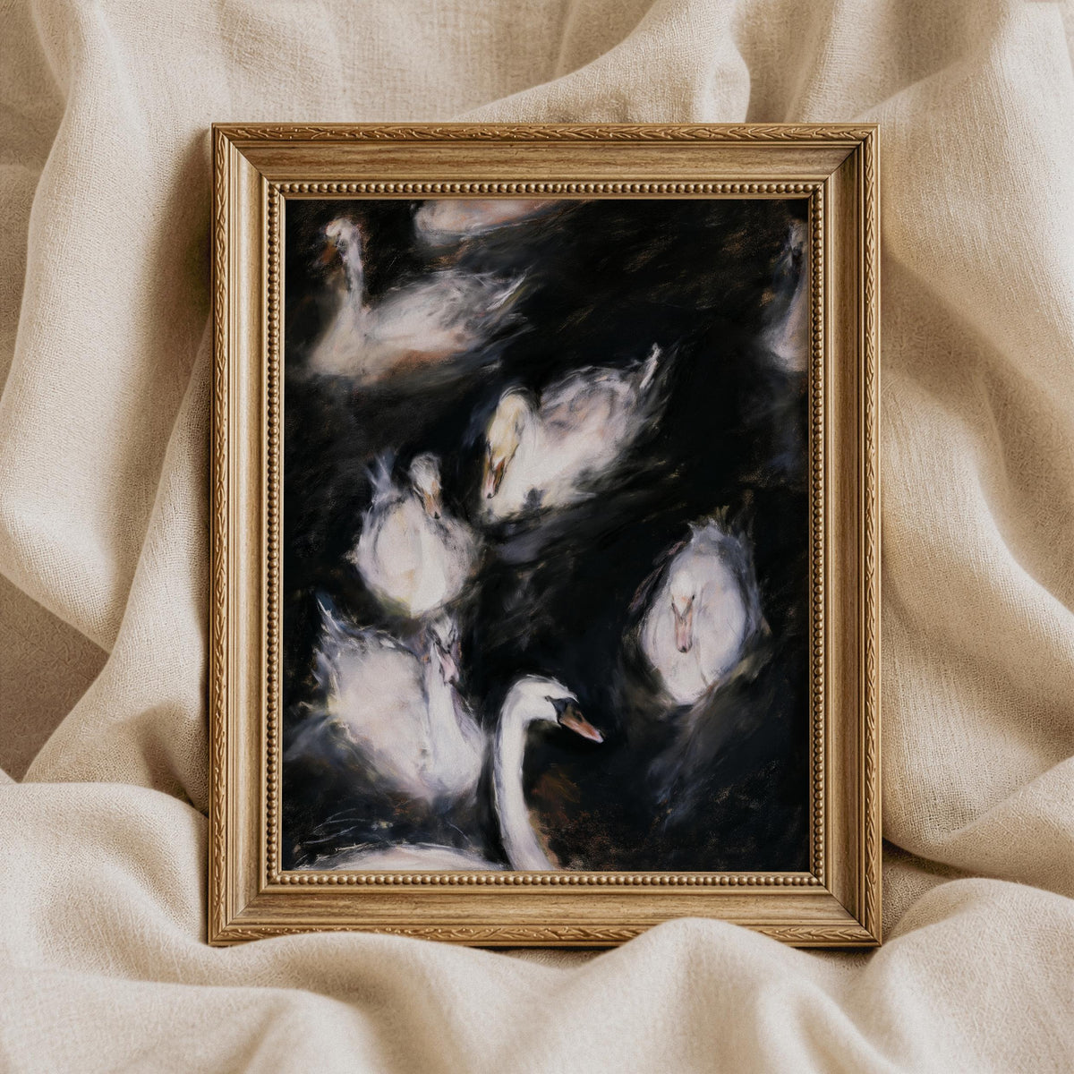 Ethereal white waterfowl digital print for gallery installation — luminous subjects with rich atmospheric shadows