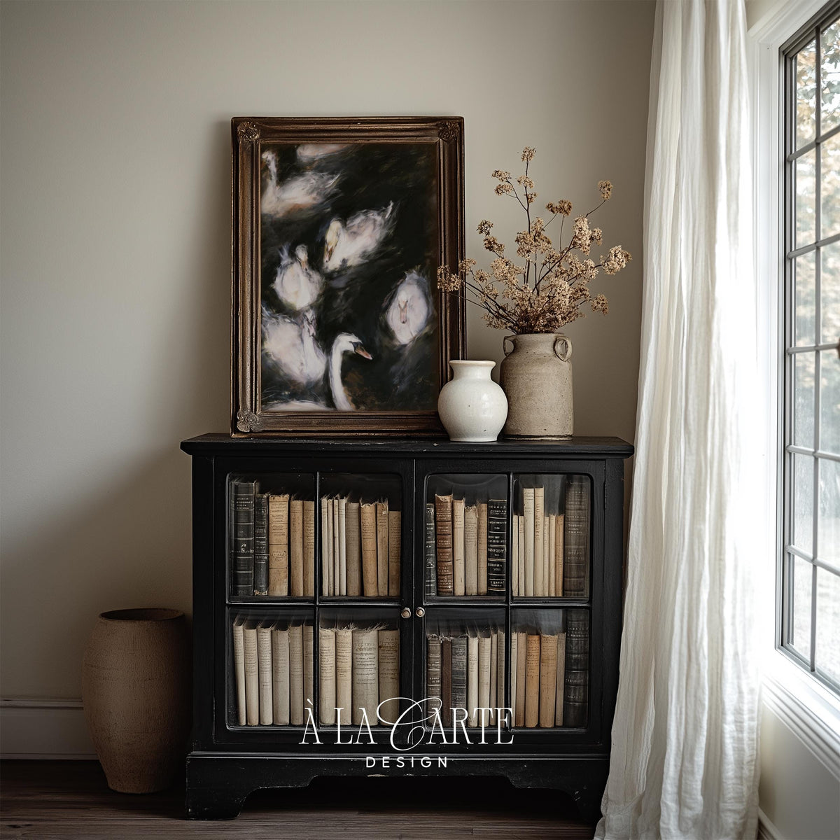 Dark and elegant waterfowl poster art — clustered white forms with mysterious inky surroundings and warmth