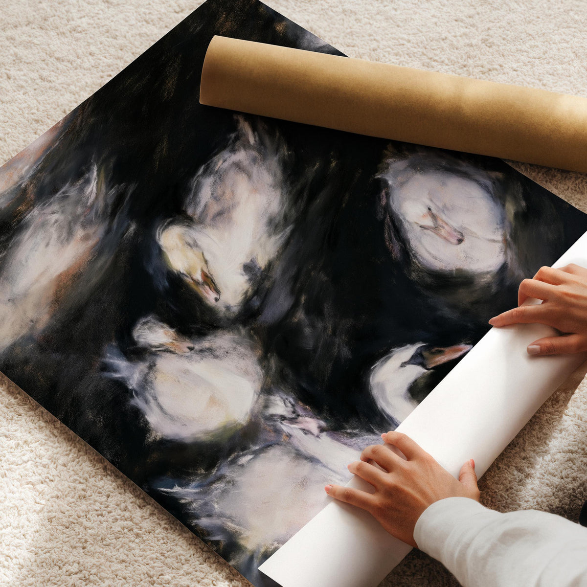 Swan gathering picture art for cottagecore aesthetics — textured brushwork with sophisticated dark drama